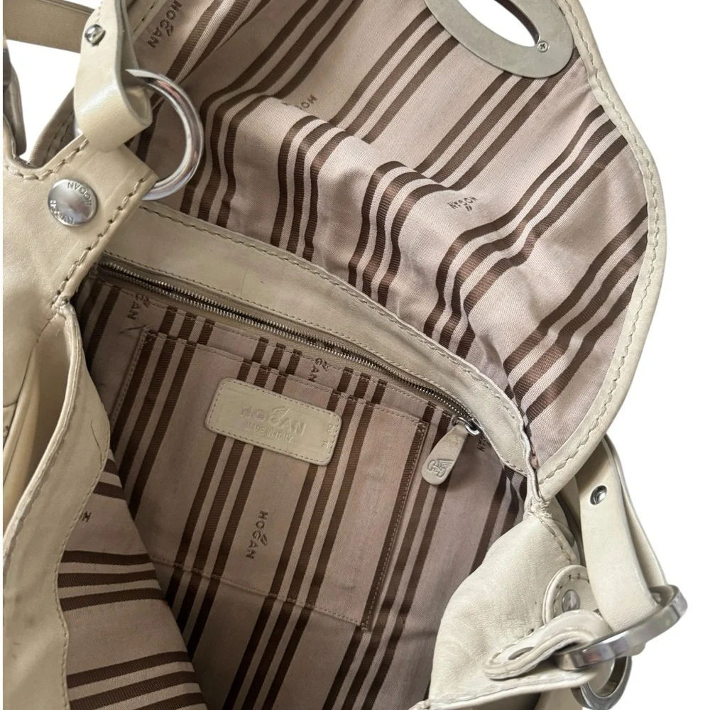 Hogan Ivory Authentic Leather Women's Bag with Wooden Accent